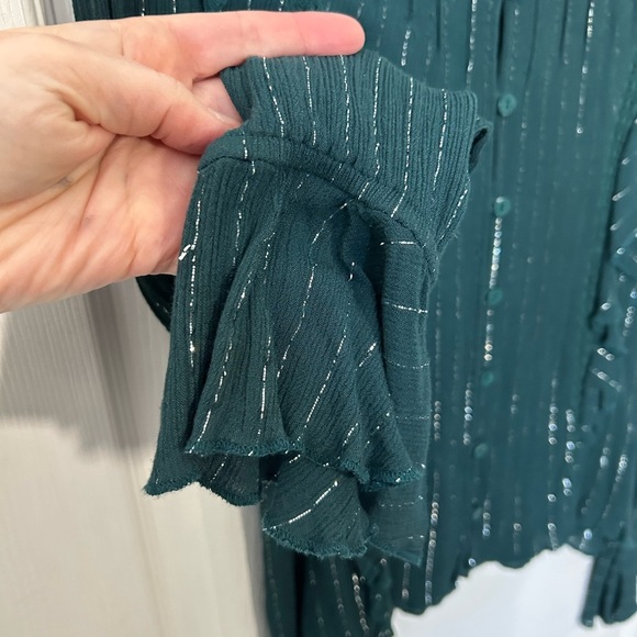 Cleobella Emerald Green Long Sleeve Metallic Striped Ruffle Blouse Size Medium - Picture 3 of 12